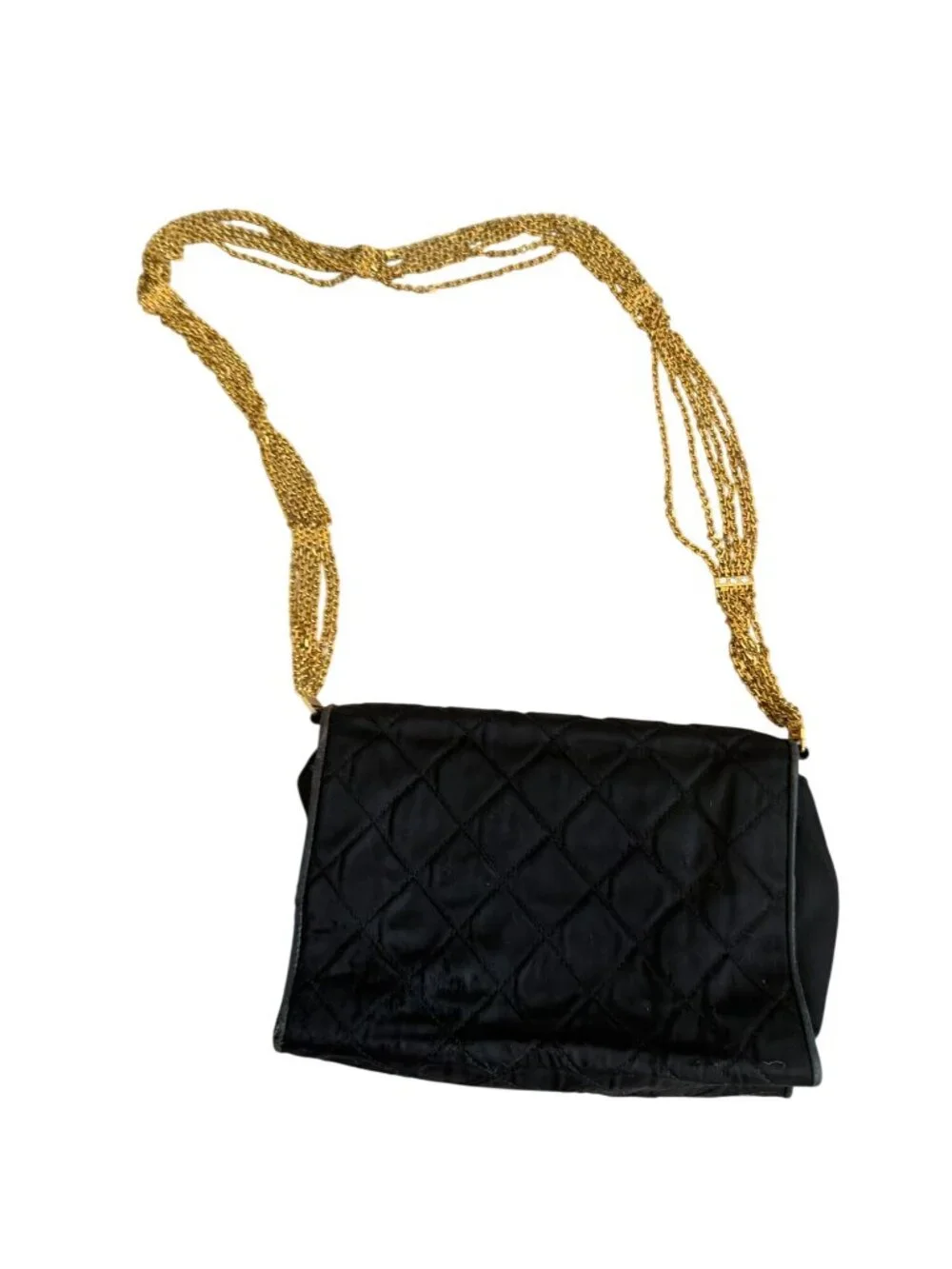 CHANEL Vintage Matelasse Black Silk Leather Rhinestone Chain Shoulder Bag